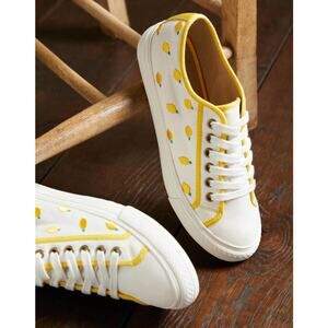 Boden Freya Low Top Sneakers Embroidered Floral Lace Up Shoes Ecru Lemon